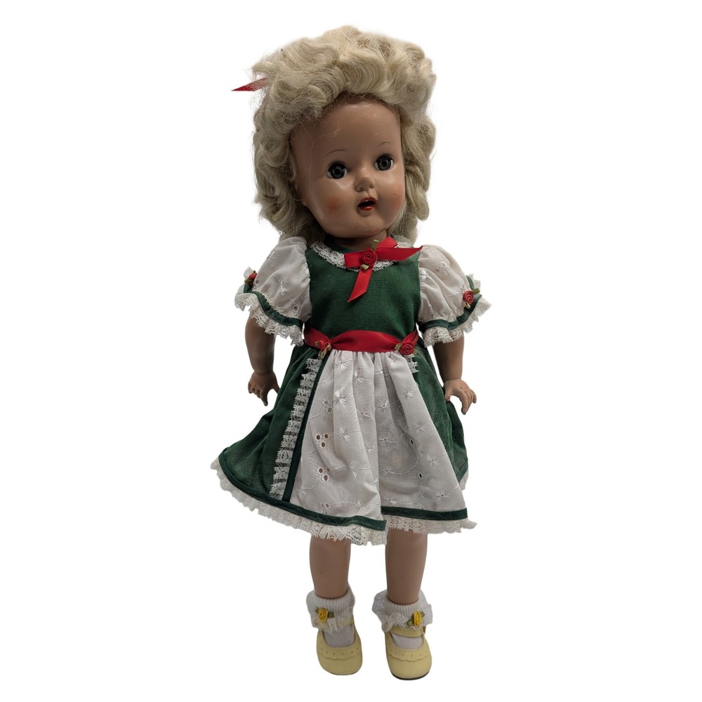 Vintage 19" Doll Blonde hard plastic christmas dress doll sleepy eyes Unmarked